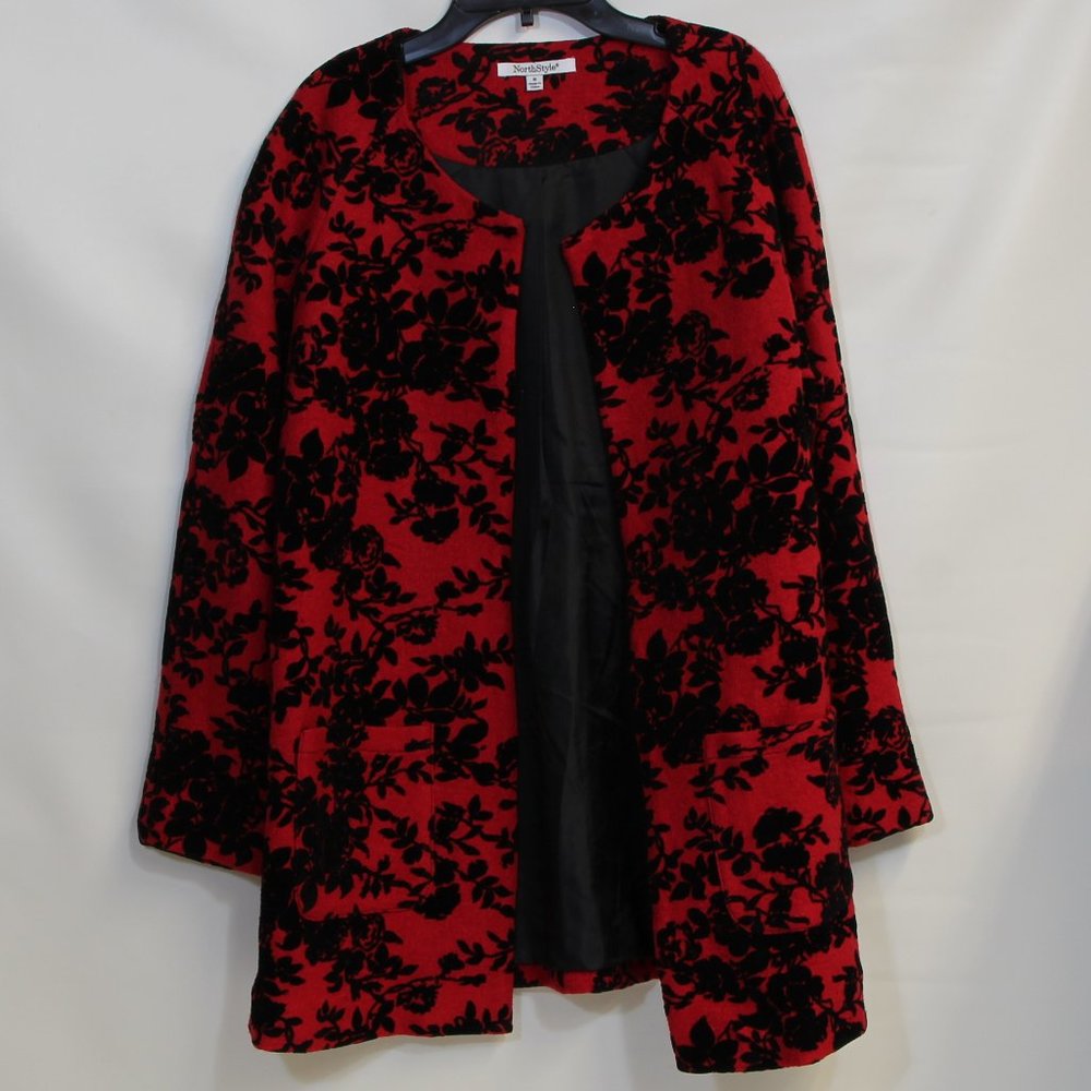 NorthStyle Stunning Red Wool and Black Floral Velvet Coat
